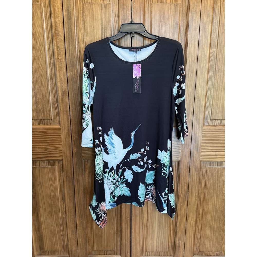 Azalea Women's Dress Medium Crane Floral Print Tunic Black NWT Asym Hem Boho‎